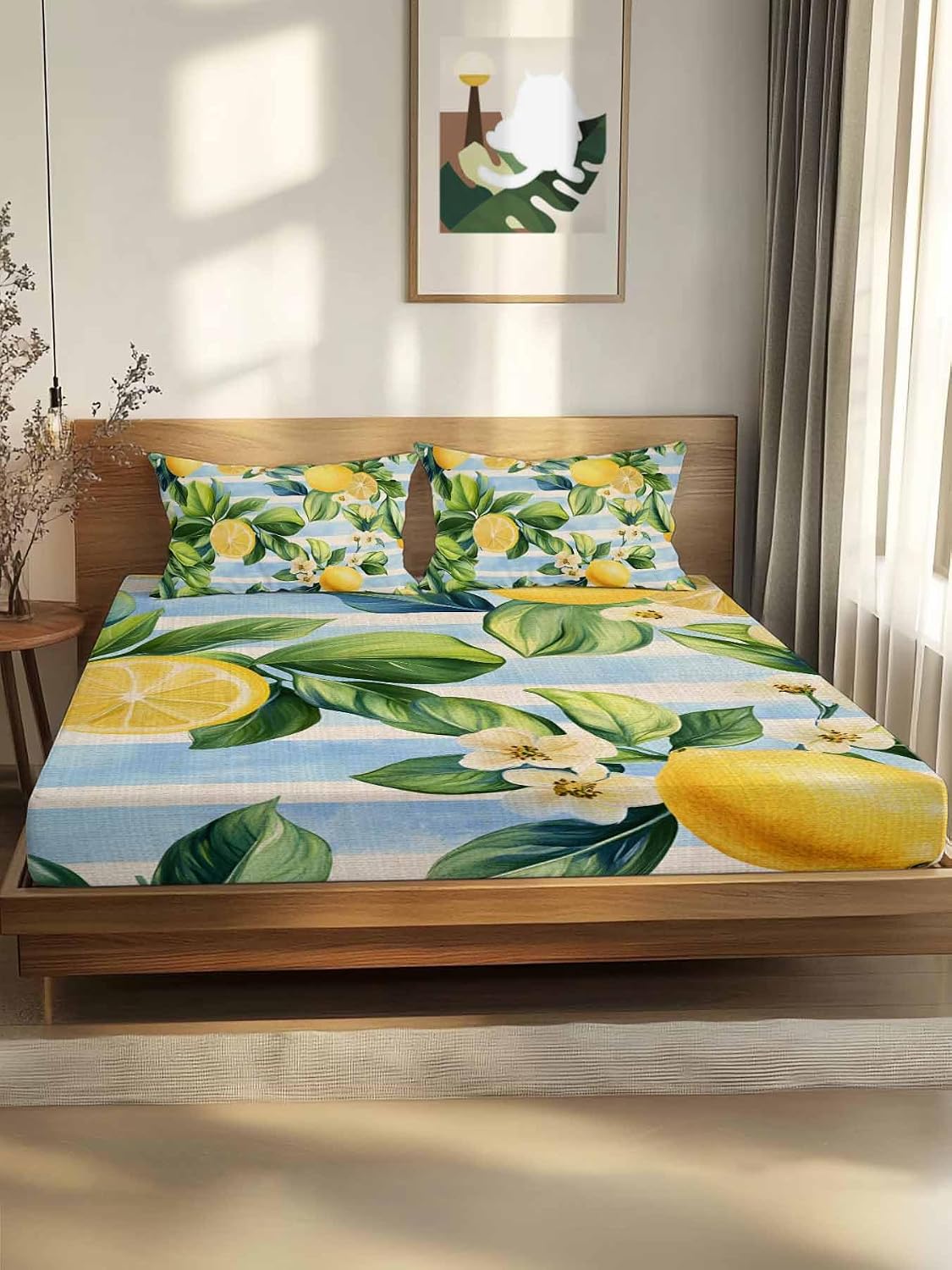 Twin Fitted Sheet and Pillowcase Set, Yellow Lemon Soft Bed Fitted Sheets - Deep Pocket Fits Mattress Up to 16", Summer Botanical Fruit Blue Striped Bedding Set with 1 Pillow Case