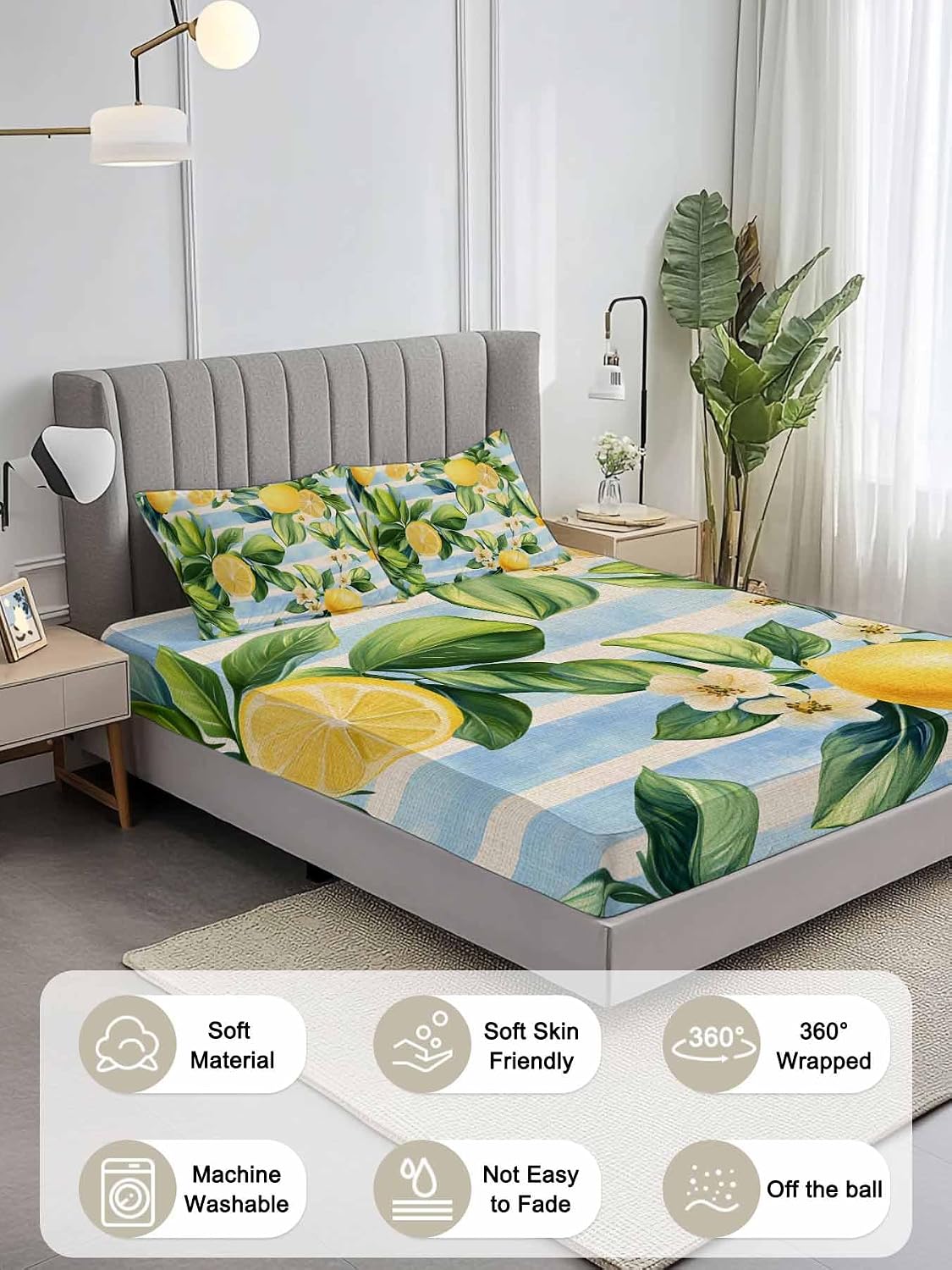 Twin Fitted Sheet and Pillowcase Set, Yellow Lemon Soft Bed Fitted Sheets - Deep Pocket Fits Mattress Up to 16", Summer Botanical Fruit Blue Striped Bedding Set with 1 Pillow Case