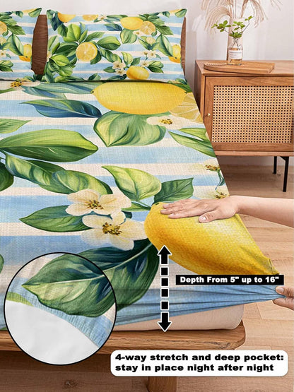 Twin Fitted Sheet and Pillowcase Set, Yellow Lemon Soft Bed Fitted Sheets - Deep Pocket Fits Mattress Up to 16", Summer Botanical Fruit Blue Striped Bedding Set with 1 Pillow Case
