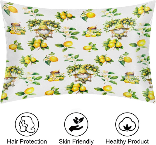 Satin Pillowcase for Hair and Skin Flower Yellow Lemon Soft Slip Cooling Pillow Covers with Hidden Zipper Queen Size Pillow Case for Bed Couch Women Men Girls Kids Boys 20x30in