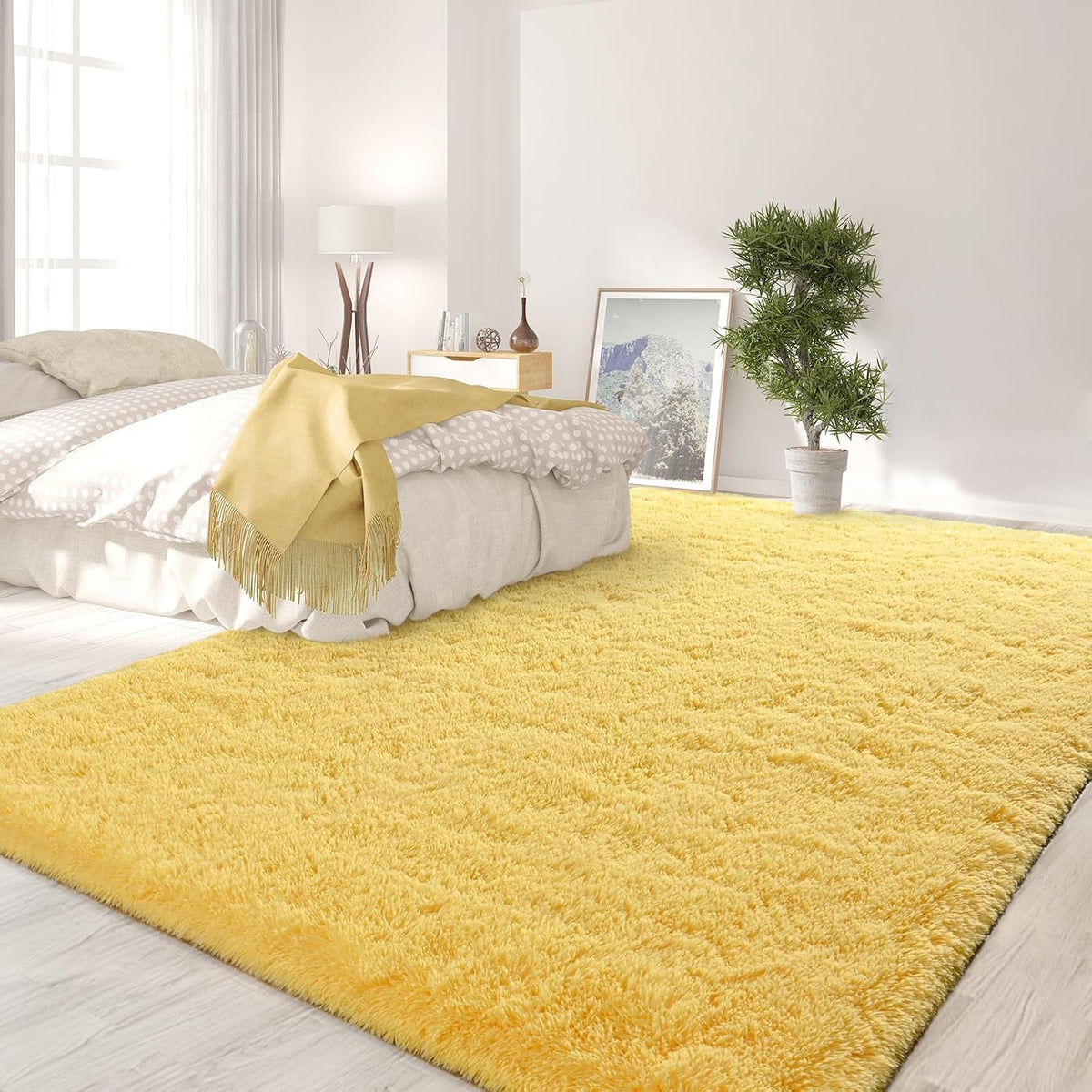 Large Area Rugs for Living Room, 4x6 Feet Yellow Shaggy Rug Fluffy Throw Carpets, Ultra Soft Plush Modern Indoor Fuzzy Rugs for Bedroom Girls Kids Nursery Room Dorm Home Decor