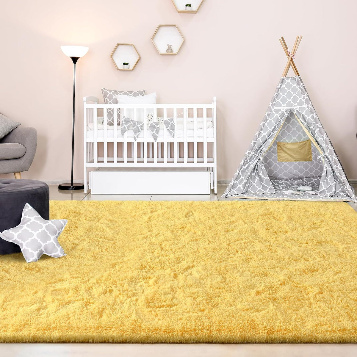 Large Area Rugs for Living Room, 4x6 Feet Yellow Shaggy Rug Fluffy Throw Carpets, Ultra Soft Plush Modern Indoor Fuzzy Rugs for Bedroom Girls Kids Nursery Room Dorm Home Decor