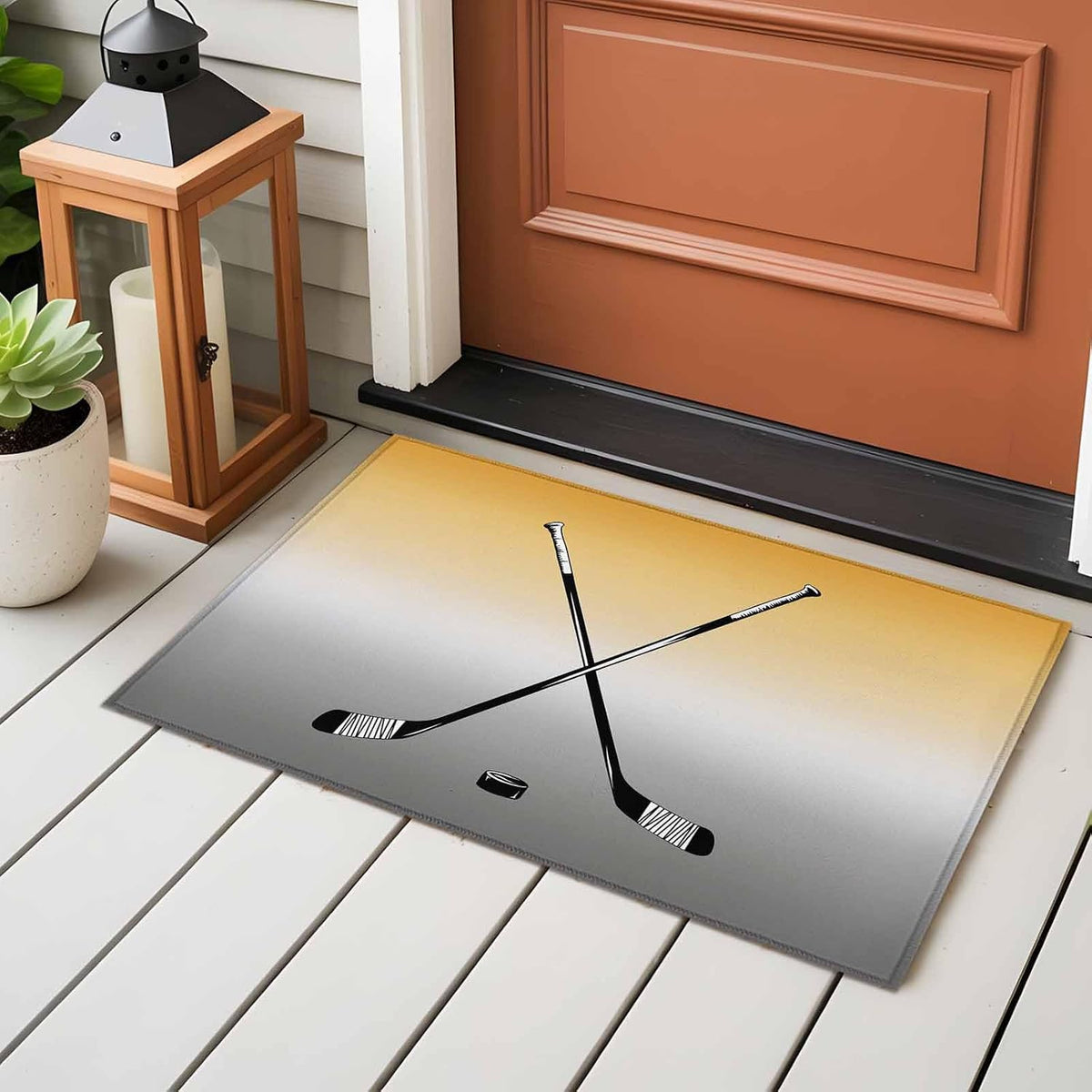 Ice Hockey Entryway Rug 2'x3', Winter Sports Yellow Grey Gradients Small Area Rug Non-Slip Front Door Mat Washable Floor Carpet for Indoor Entrance Kitchen Bathroom