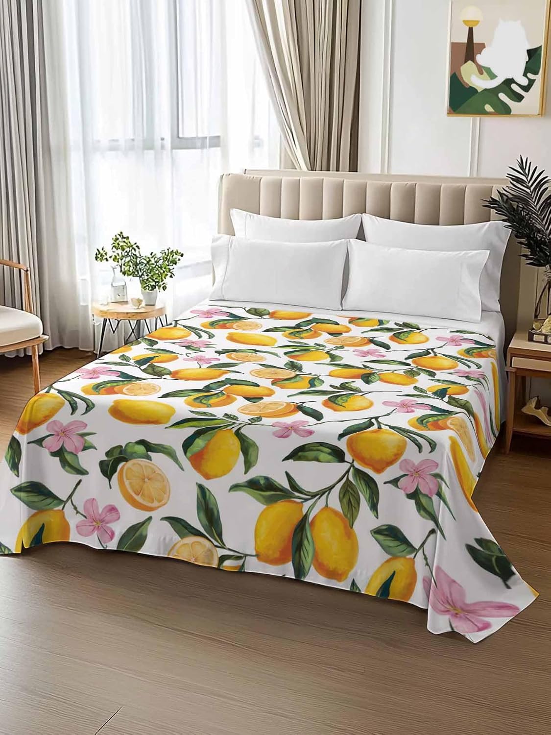 Twin Flat Sheet Only,Summer Lemon Floral Seamless Top Sheet Breathable Soft Brushed Polyester Microfiber Bed Sheets,Yellow on White Hotel Luxury Bedding Sheets for Women,Men,Teens