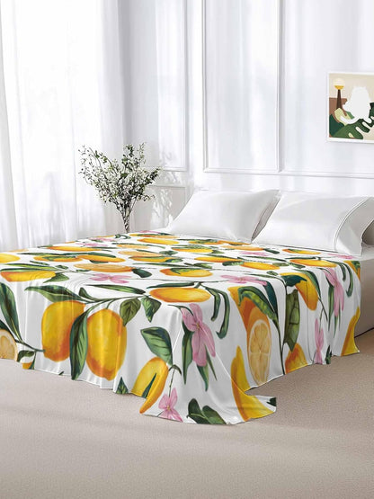 Twin Flat Sheet Only,Summer Lemon Floral Seamless Top Sheet Breathable Soft Brushed Polyester Microfiber Bed Sheets,Yellow on White Hotel Luxury Bedding Sheets for Women,Men,Teens