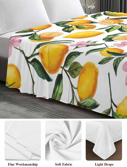 Twin Flat Sheet Only,Summer Lemon Floral Seamless Top Sheet Breathable Soft Brushed Polyester Microfiber Bed Sheets,Yellow on White Hotel Luxury Bedding Sheets for Women,Men,Teens