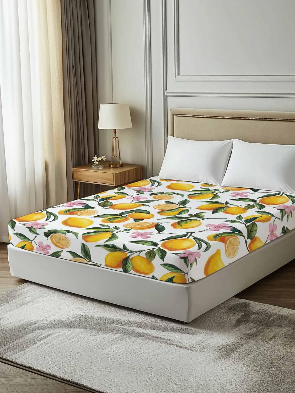 Twin Flat Sheet Only,Summer Lemon Floral Seamless Top Sheet Breathable Soft Brushed Polyester Microfiber Bed Sheets,Yellow on White Hotel Luxury Bedding Sheets for Women,Men,Teens