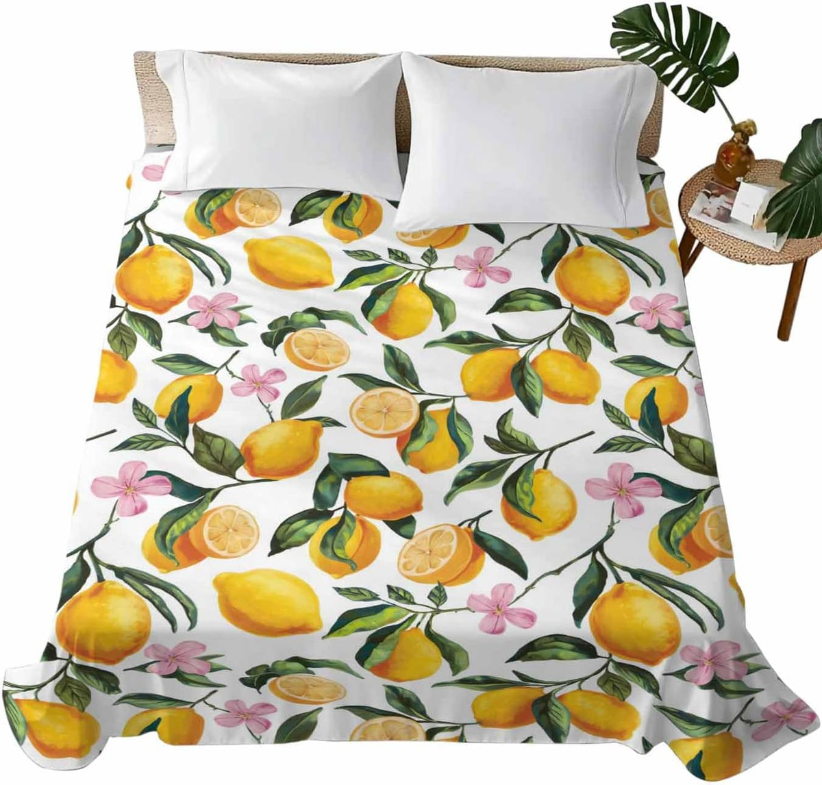Twin Flat Sheet Only,Summer Lemon Floral Seamless Top Sheet Breathable Soft Brushed Polyester Microfiber Bed Sheets,Yellow on White Hotel Luxury Bedding Sheets for Women,Men,Teens