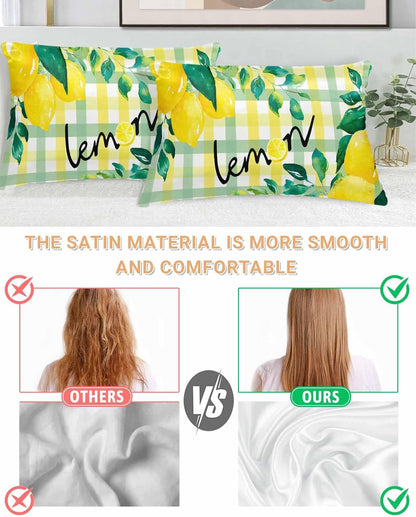 Satin Pillowcases Standard Size, Summer Lemon Silk Pillow Cases for Hair and Skin with Zipper 2 Pack, Botanical Fruit Leaves Yellow Green Striped Smooth Throw Pillow Covers for Sleeping, 20"x26"