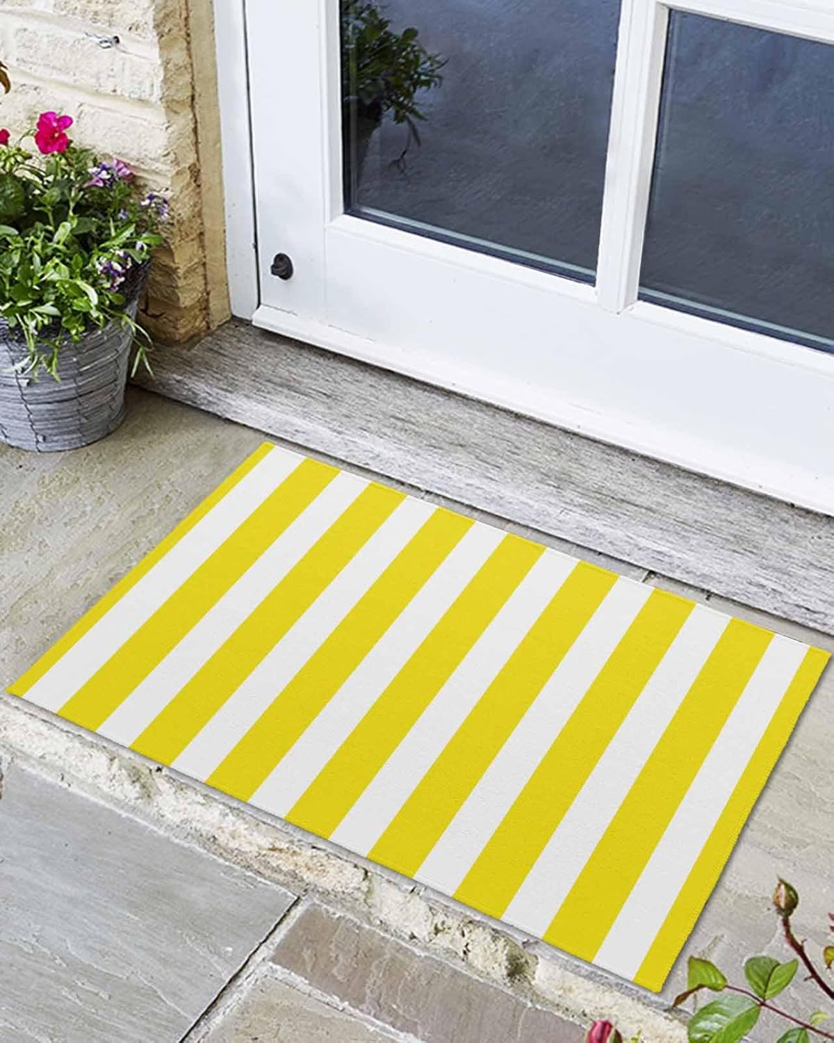 Yellow Stripes Door Mat Indoor Welcome Mat Front Door Mat Outside Entrance Modern White Yellow Striped Outdoor Mat Durability Non-Slip Washable Doormat Rug for Entryway Porch, 16x24 Inch