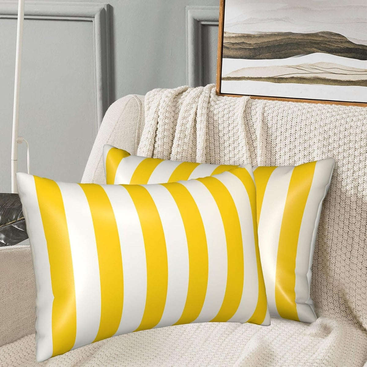 Silk Pillow Cases Set of 2, 20x30 Inches Queen Pillowcase for Hair and Skin, Soft Satin Bed Pillow Protector Covers with Hidden Zipper, Lemon Yellow Stripes Pillow Cover for Sleeping Gift