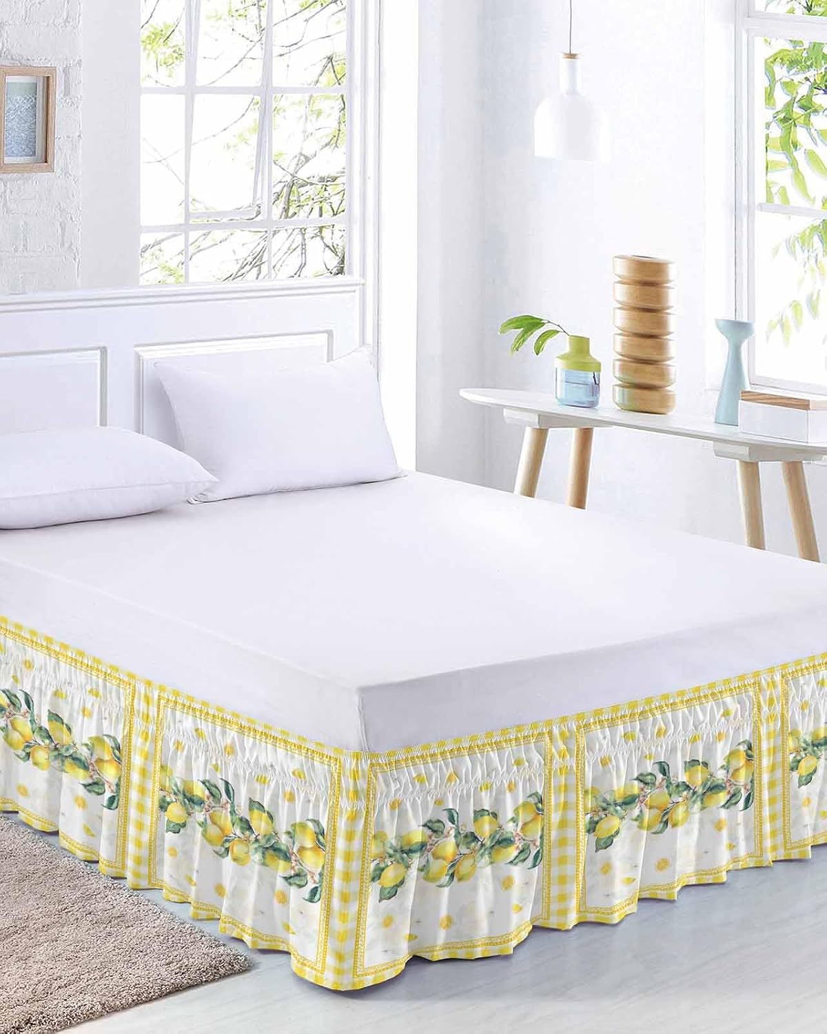 Yellow Lemon Bed Skirt Queen Size 16 Inch Drop, Adjustable Elastic Wrap Around Bed Skirts Easy Fitting Dust Ruffle Bedskirt Bed Frame Cover Summer Botanical Plaid Elegant Pastoral