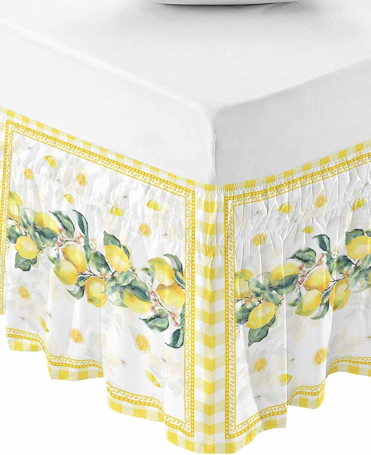 Yellow Lemon Bed Skirt Queen Size 16 Inch Drop, Adjustable Elastic Wrap Around Bed Skirts Easy Fitting Dust Ruffle Bedskirt Bed Frame Cover Summer Botanical Plaid Elegant Pastoral
