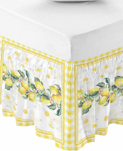 Yellow Lemon Bed Skirt Queen Size 16 Inch Drop, Adjustable Elastic Wrap Around Bed Skirts Easy Fitting Dust Ruffle Bedskirt Bed Frame Cover Summer Botanical Plaid Elegant Pastoral