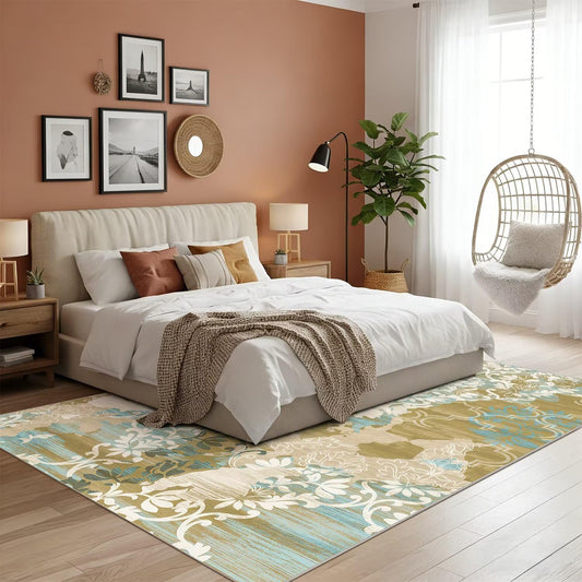 4x6 Area Rugs,Abstract Area Rugs, Modern Washable Non-Slip Rug for Living Room, Bedroom, Dining Room, Soft Low Pile Carpet, Neutral Decor for Home and Office,Abstract Floral - Yellow
