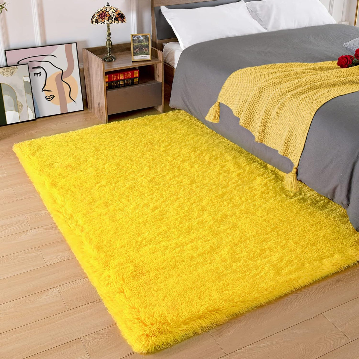 Amearea Premium Soft Fluffy Rug 4x5.3, Fuzzy Area Rugs for Bedroom, Yellow