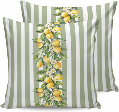 Retro Yellow Lemon 2PCS Throw Pillow Covers for Couch Sofa Bed, Sage Green Stripe Pillow Covers 16x16 inch, Standard Pillowcases Set Decorative Cushion Covers for Living Room Bedroom