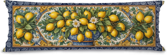 Yellow and Blue Italian Lemon 20x54 Body Pillow Cover, Summer Mediterranean Tiles Amalfi Coast Lemon Body Pillow Pillowcase with Zipper for Bed Couch