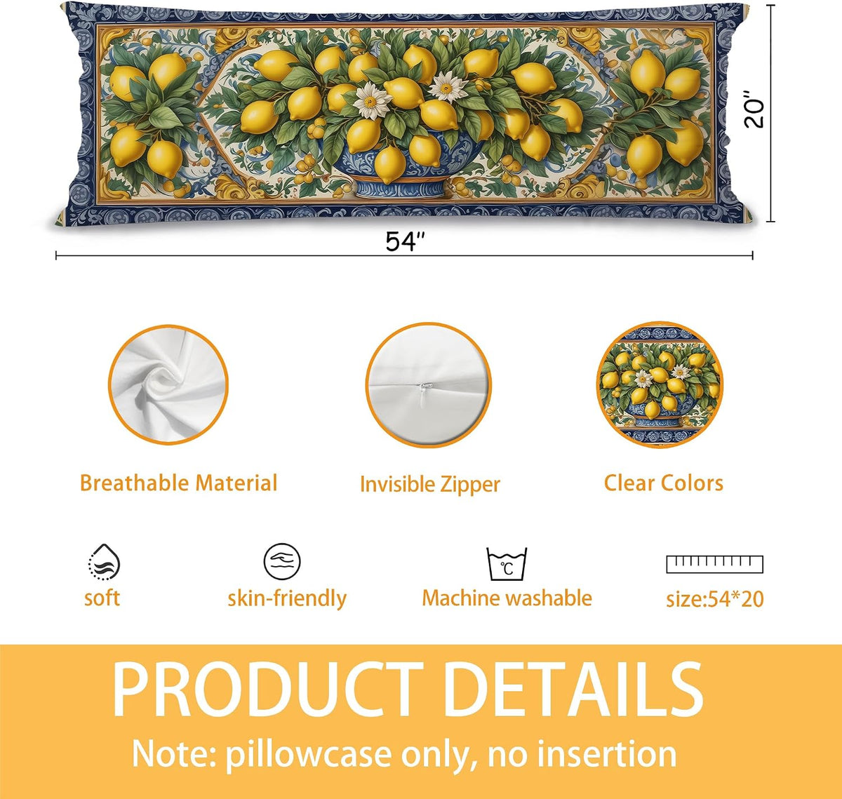Yellow and Blue Italian Lemon 20x54 Body Pillow Cover, Summer Mediterranean Tiles Amalfi Coast Lemon Body Pillow Pillowcase with Zipper for Bed Couch