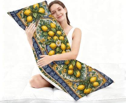 Yellow and Blue Italian Lemon 20x54 Body Pillow Cover, Summer Mediterranean Tiles Amalfi Coast Lemon Body Pillow Pillowcase with Zipper for Bed Couch