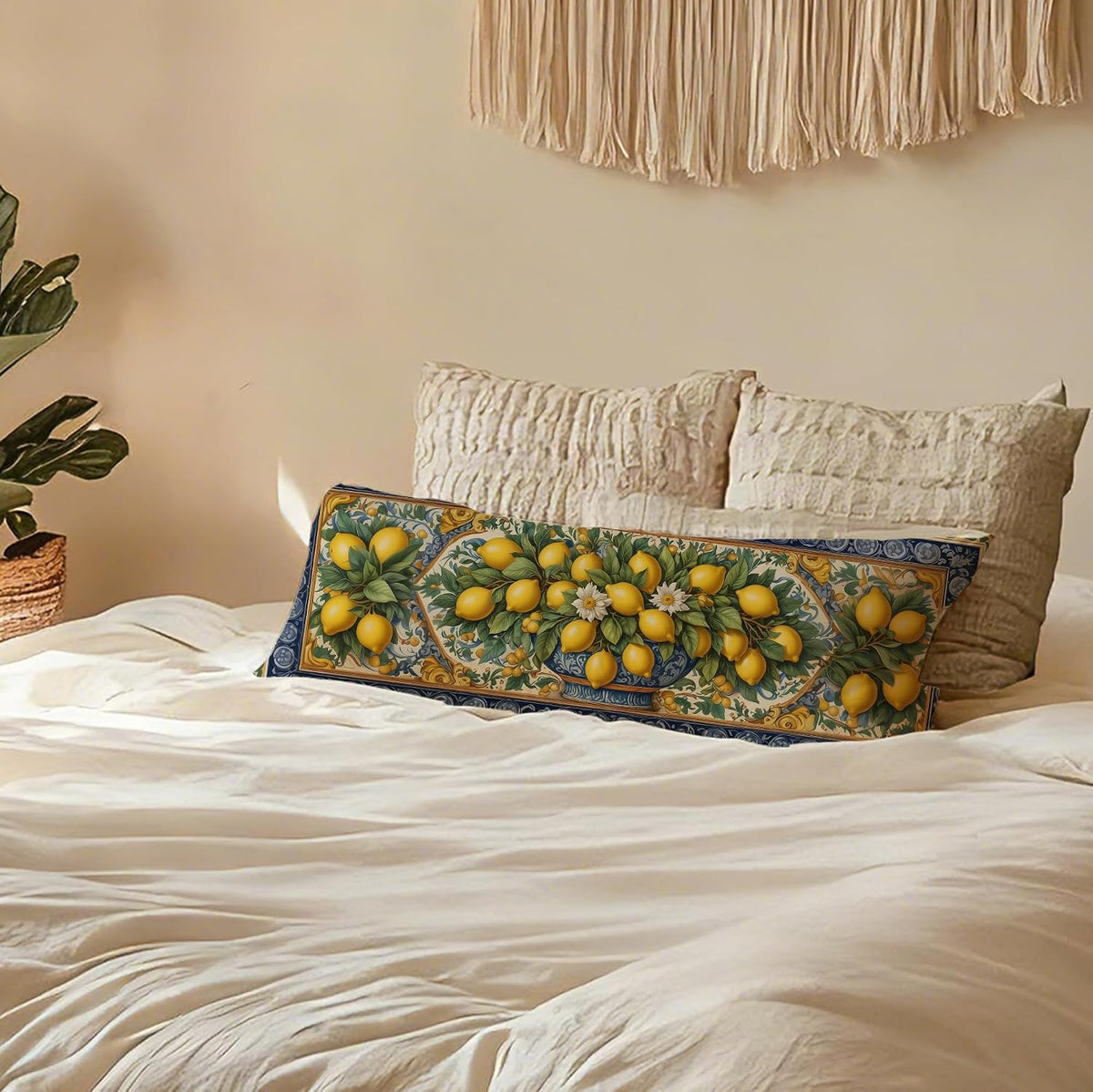 Yellow and Blue Italian Lemon 20x54 Body Pillow Cover, Summer Mediterranean Tiles Amalfi Coast Lemon Body Pillow Pillowcase with Zipper for Bed Couch