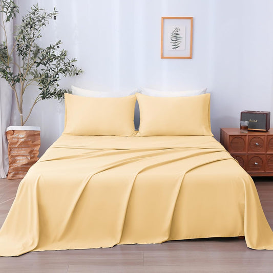Full Sheet Set 4 Pieces, Ultra Soft & Breathable Microbifer Sheets, 1600 Thread Count Hotel Luxury Oeko-Tex Bedding, 14-16 Inch Deep Pocket Durable Wrinkle Free Bedsheets, Pale Yellow
