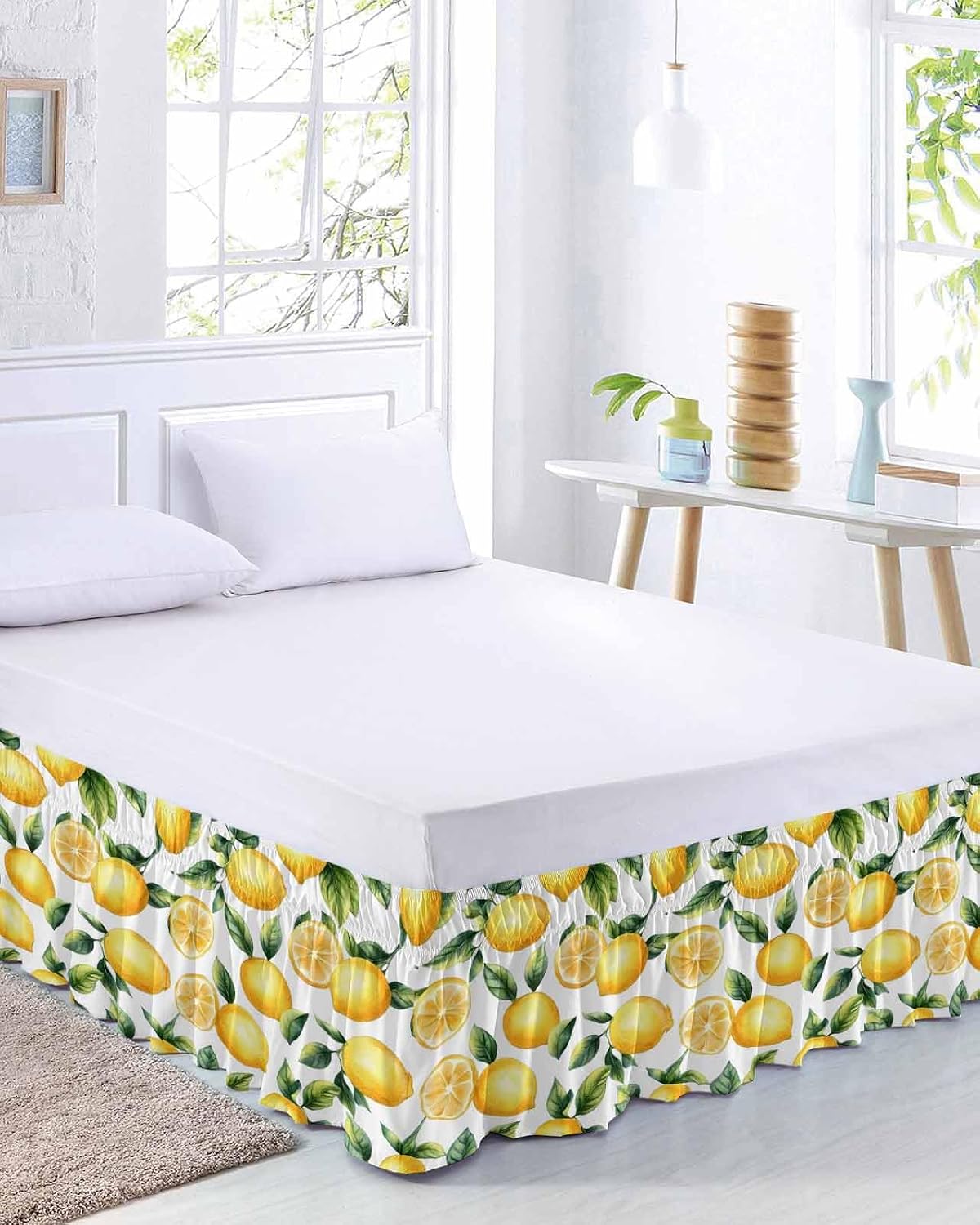 Watercolor Lemon Bed Skirt Queen Size 16 Inch Drop, Adjustable Elastic Wrap Around Bed Skirts Easy Fitting Dust Ruffle Bedskirt Bed Frame Cover Yellow Green Fruit Leaf Painting