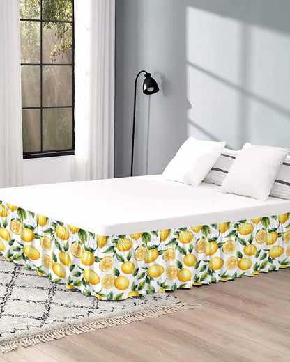 Watercolor Lemon Bed Skirt Queen Size 16 Inch Drop, Adjustable Elastic Wrap Around Bed Skirts Easy Fitting Dust Ruffle Bedskirt Bed Frame Cover Yellow Green Fruit Leaf Painting