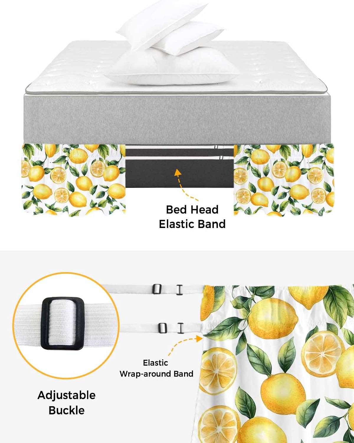 Watercolor Lemon Bed Skirt Queen Size 16 Inch Drop, Adjustable Elastic Wrap Around Bed Skirts Easy Fitting Dust Ruffle Bedskirt Bed Frame Cover Yellow Green Fruit Leaf Painting
