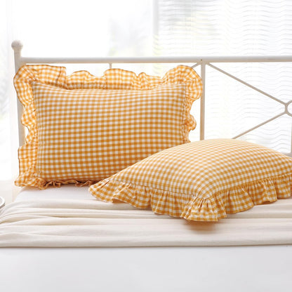 Mustard Yellow Gingham Ruffle Pillow Shams Standard Size Set of 2