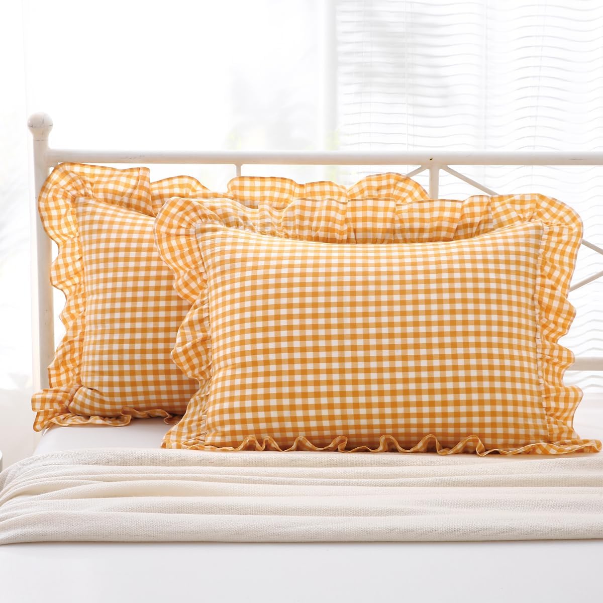 Mustard Yellow Gingham Ruffle Pillow Shams Standard Size Set of 2