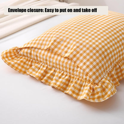Mustard Yellow Gingham Ruffle Pillow Shams Standard Size Set of 2