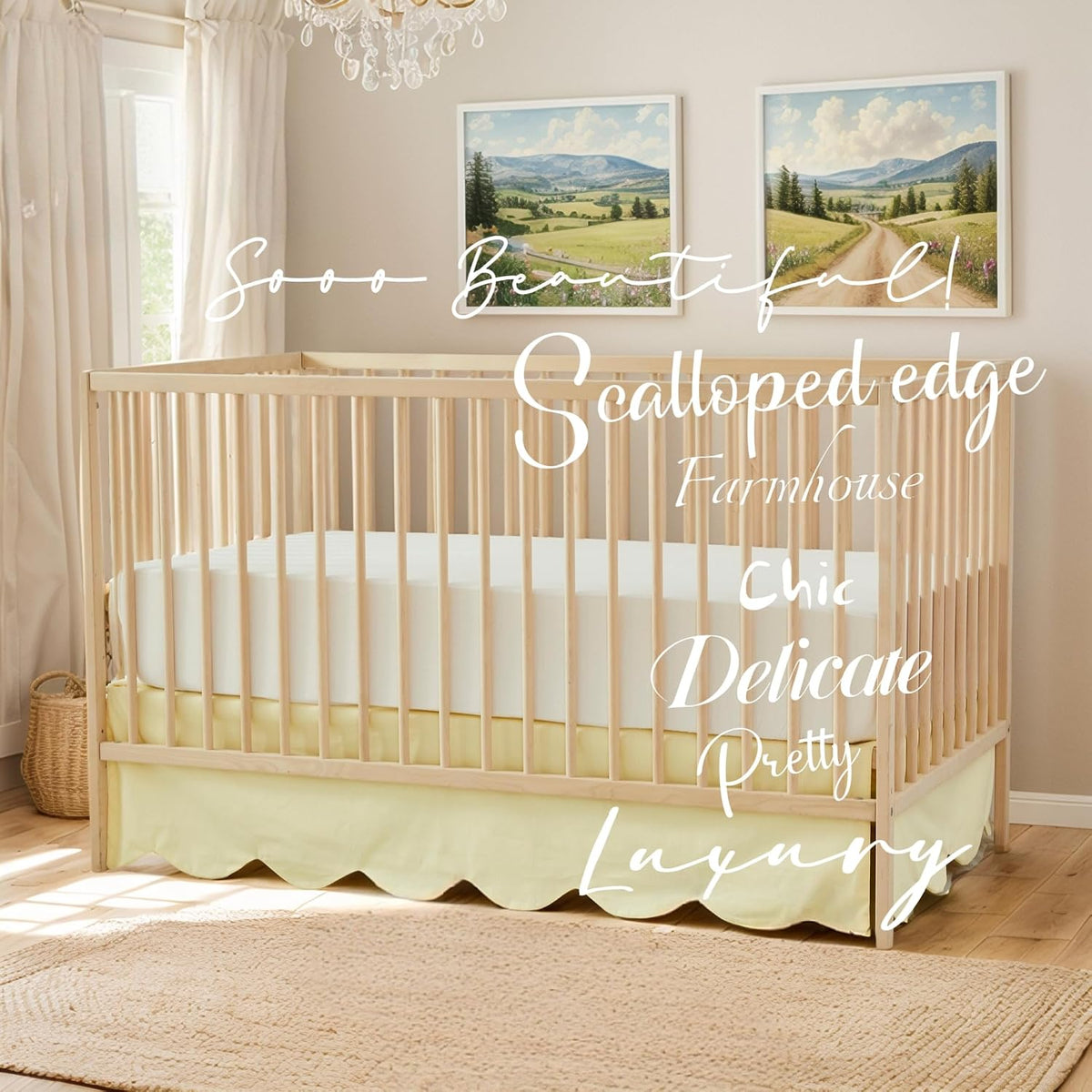 Scallop Edge Cotton Crib Skirt Toddler Bedskirt Baby Nursery Crib Bed Skirt Boho Bohemian Neutral Solid Color Light Yellow Farmhouse Chic Bedding Skirt