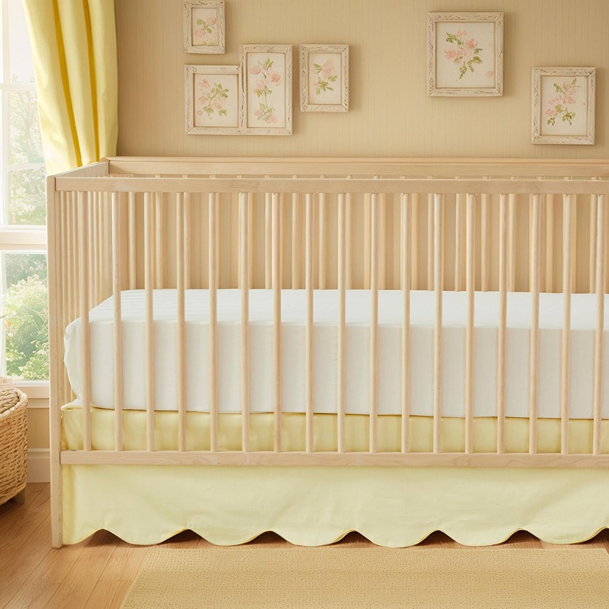 Scallop Edge Cotton Crib Skirt Toddler Bedskirt Baby Nursery Crib Bed Skirt Boho Bohemian Neutral Solid Color Light Yellow Farmhouse Chic Bedding Skirt