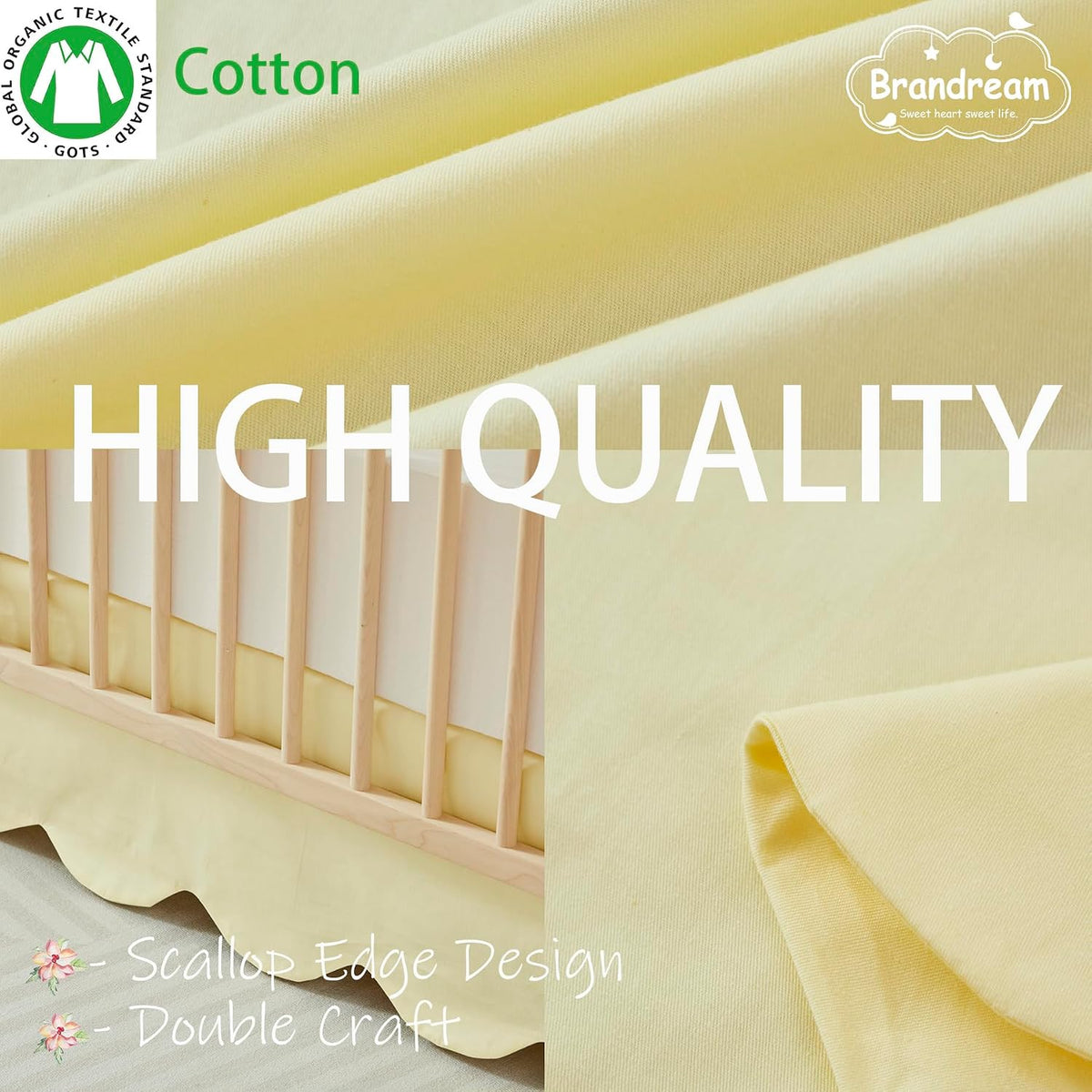 Scallop Edge Cotton Crib Skirt Toddler Bedskirt Baby Nursery Crib Bed Skirt Boho Bohemian Neutral Solid Color Light Yellow Farmhouse Chic Bedding Skirt