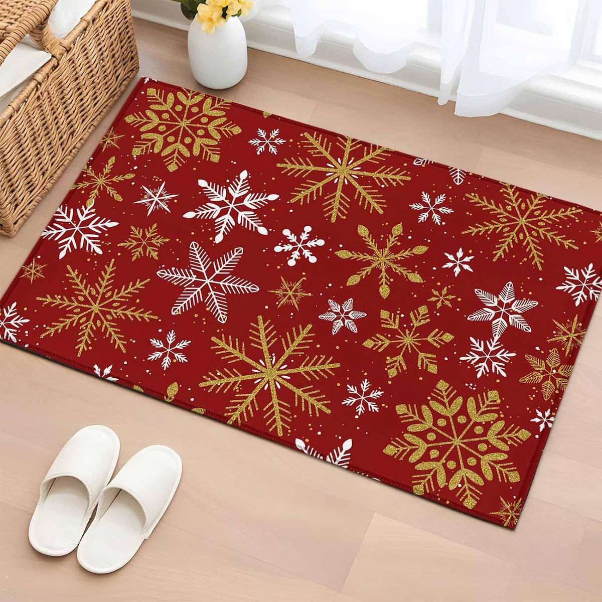 Winter Yellow Snowflake 2x3 Area Rugs for Living Room, Christmas White Snowflake Red Non Slip Floor Mat Washable Low-Profile Indoor Carpet for Bedroom, Dining Room, Bathroom