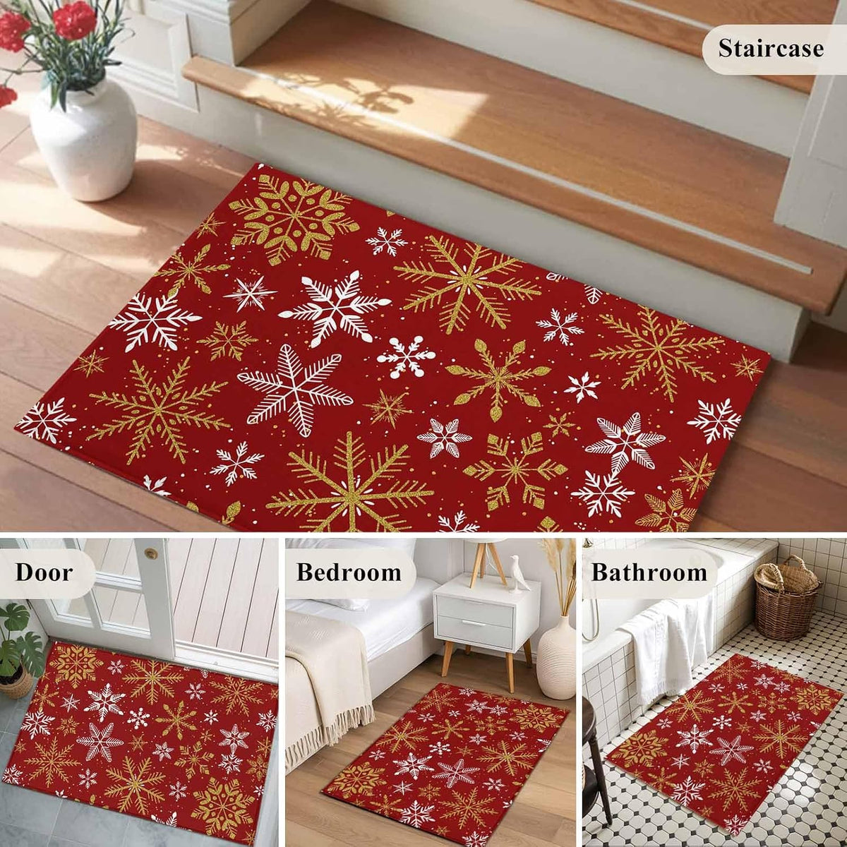 Winter Yellow Snowflake 2x3 Area Rugs for Living Room, Christmas White Snowflake Red Non Slip Floor Mat Washable Low-Profile Indoor Carpet for Bedroom, Dining Room, Bathroom
