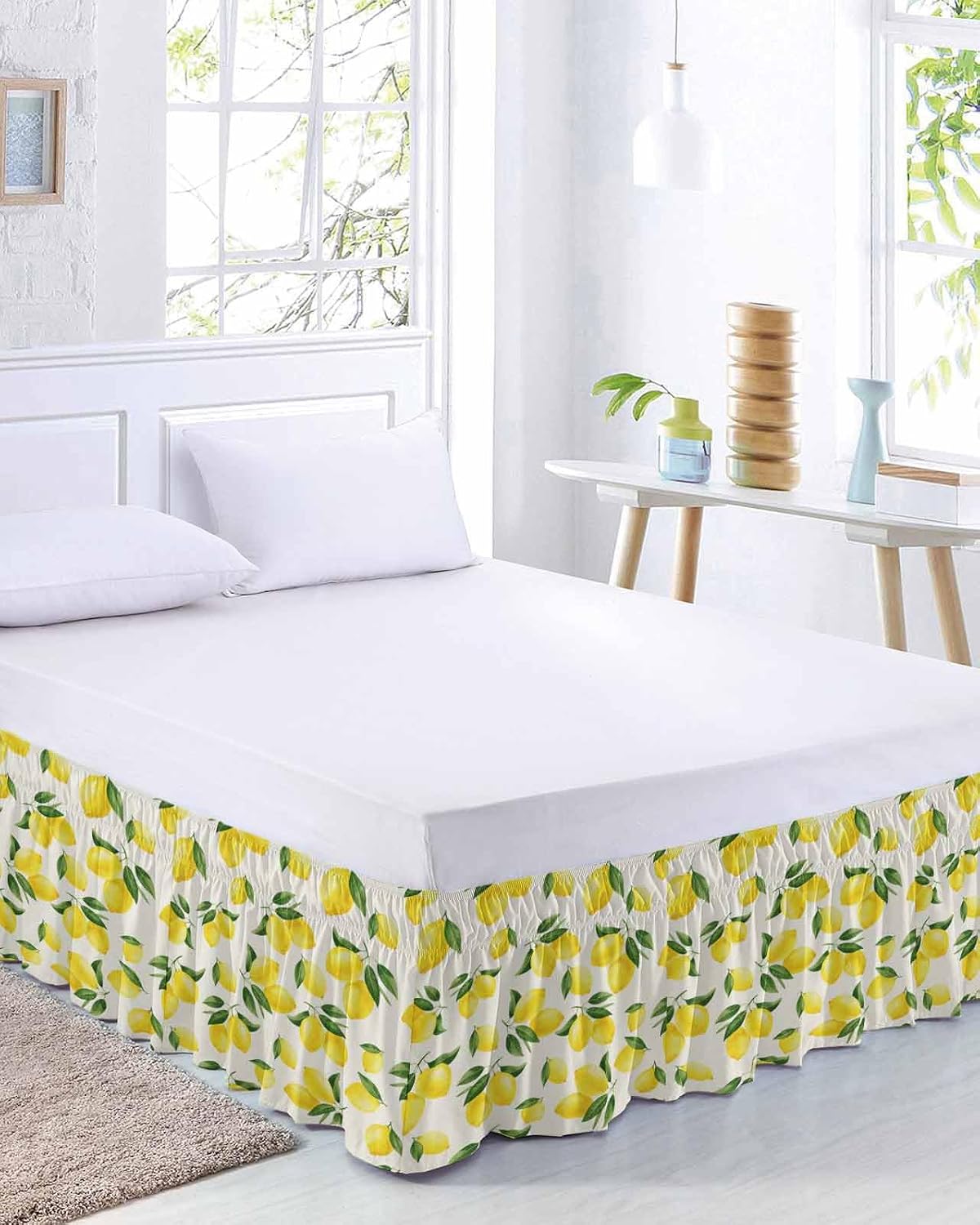 Yellow Lemons Bed Skirt Queen Size 16 Inch Drop, Adjustable Elastic Wrap Around Bed Skirts Easy Fitting Dust Ruffle Bedskirt Bed Frame Cover Summer Citrus Fruits Leaves Country Vintage