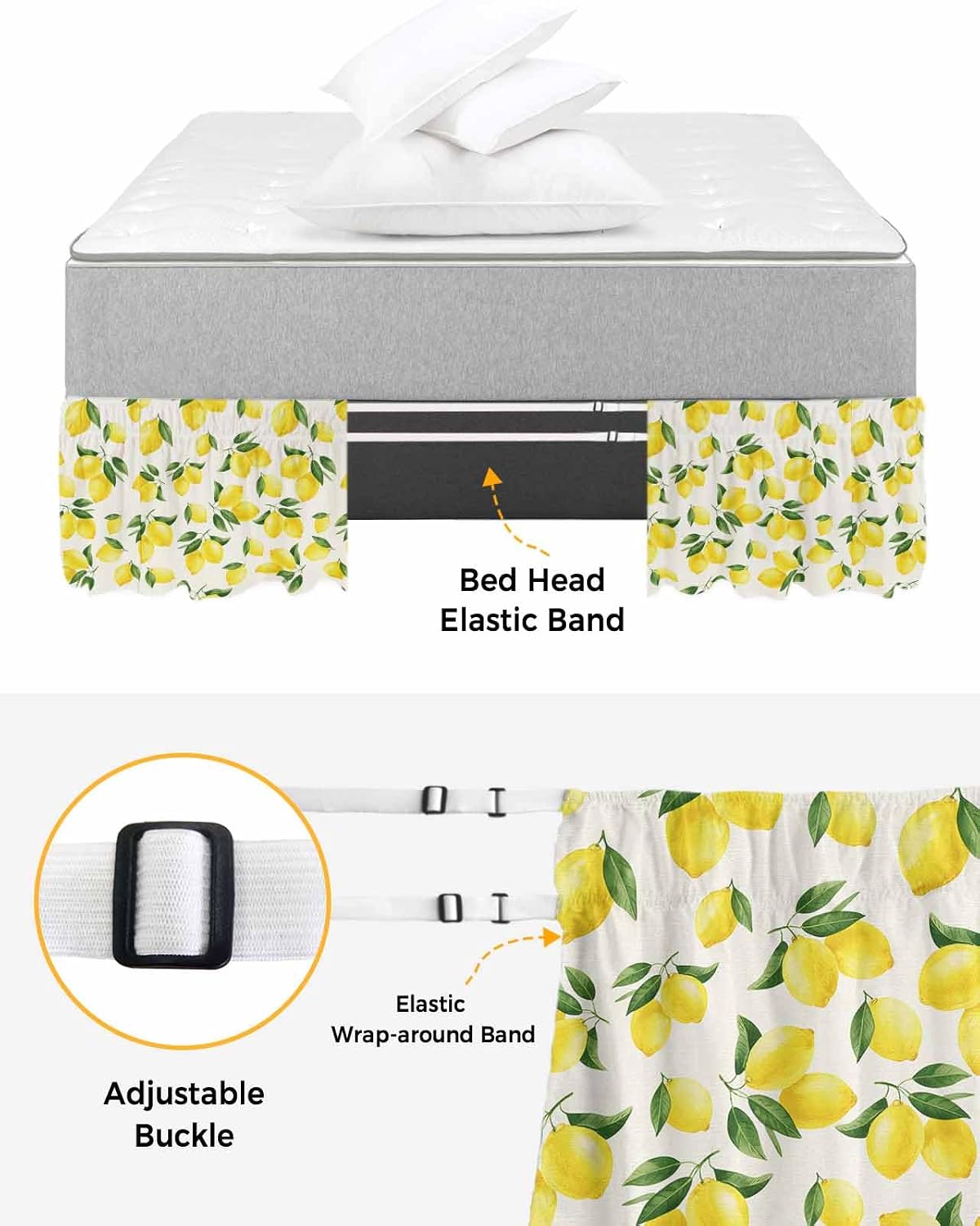 Yellow Lemons Bed Skirt Queen Size 16 Inch Drop, Adjustable Elastic Wrap Around Bed Skirts Easy Fitting Dust Ruffle Bedskirt Bed Frame Cover Summer Citrus Fruits Leaves Country Vintage