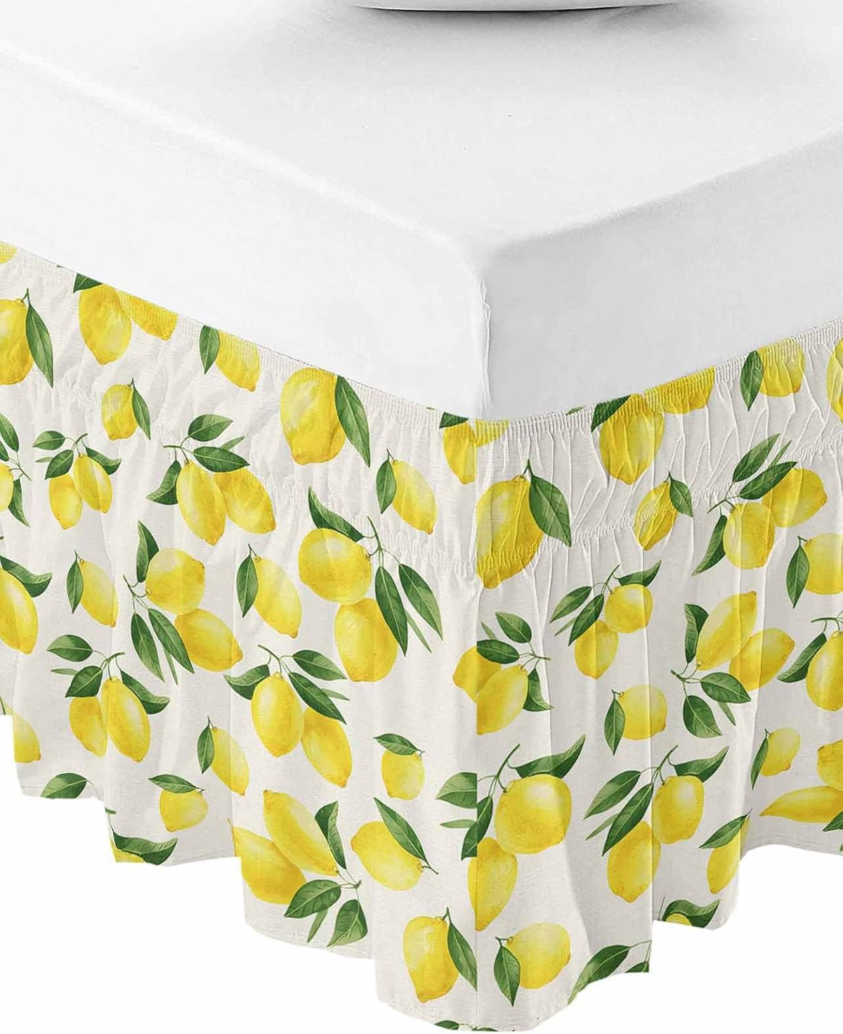 Yellow Lemons Bed Skirt Queen Size 16 Inch Drop, Adjustable Elastic Wrap Around Bed Skirts Easy Fitting Dust Ruffle Bedskirt Bed Frame Cover Summer Citrus Fruits Leaves Country Vintage