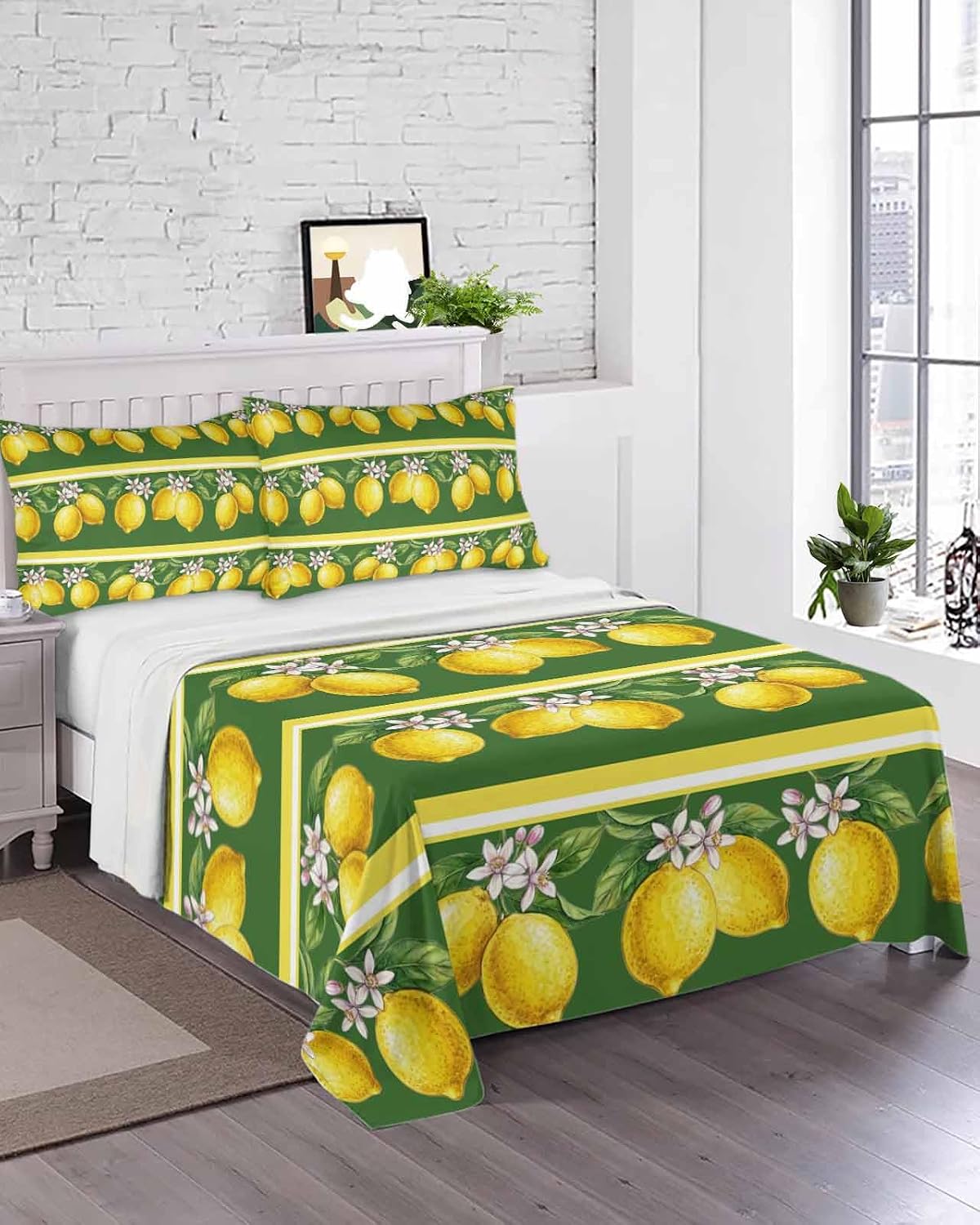 Queen Size Top Sheet Only, Summer Lemons Green Leaves Flat Sheet Microfiber Breathable Soft Bed Sheets, Yellow Striped Hotel Bedding Flat Sheets for Bedroom