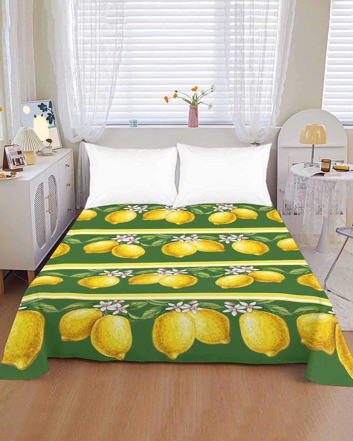 Queen Size Top Sheet Only, Summer Lemons Green Leaves Flat Sheet Microfiber Breathable Soft Bed Sheets, Yellow Striped Hotel Bedding Flat Sheets for Bedroom