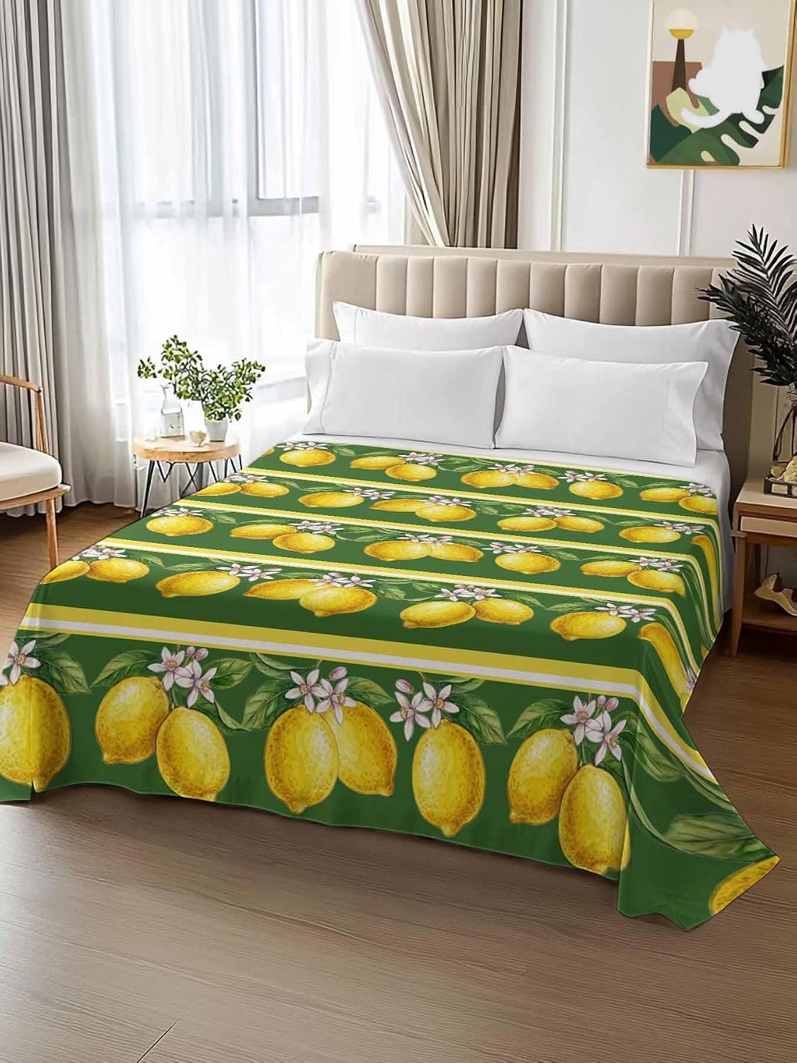 Queen Size Top Sheet Only, Summer Lemons Green Leaves Flat Sheet Microfiber Breathable Soft Bed Sheets, Yellow Striped Hotel Bedding Flat Sheets for Bedroom