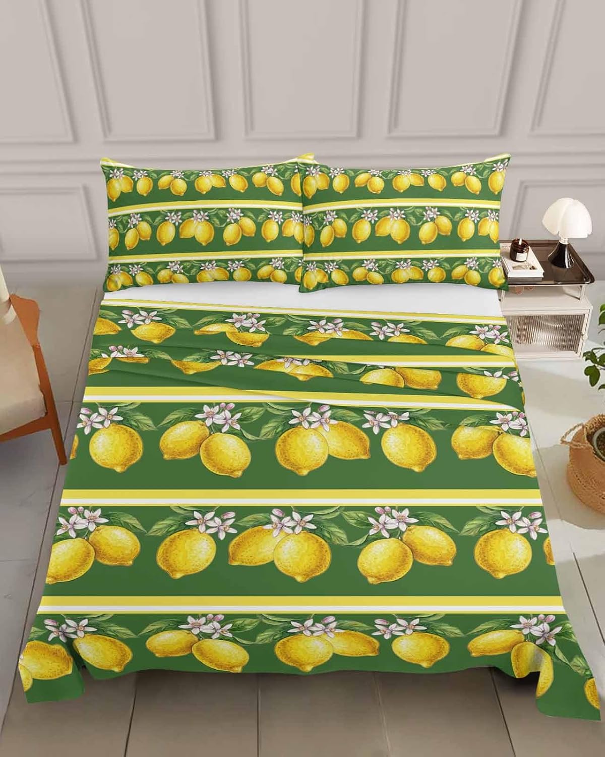 Queen Size Top Sheet Only, Summer Lemons Green Leaves Flat Sheet Microfiber Breathable Soft Bed Sheets, Yellow Striped Hotel Bedding Flat Sheets for Bedroom