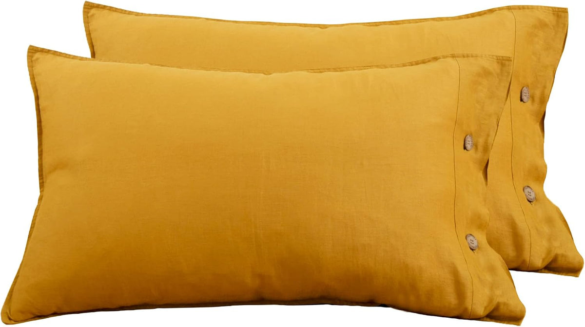 100% Organic Linen Pillowcases Standard Size 20"x30" Set of 2,French Natural Linen Pillow Cases Coconut Buttons Closure Flax Pillowshams,Mustard Yellow
