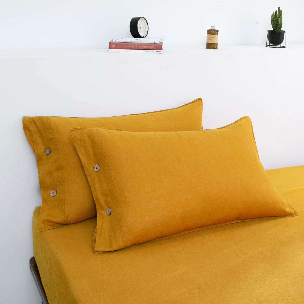 100% Organic Linen Pillowcases Standard Size 20"x30" Set of 2,French Natural Linen Pillow Cases Coconut Buttons Closure Flax Pillowshams,Mustard Yellow