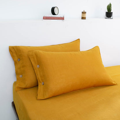 100% Organic Linen Pillowcases Standard Size 20"x30" Set of 2,French Natural Linen Pillow Cases Coconut Buttons Closure Flax Pillowshams,Mustard Yellow