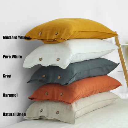 100% Organic Linen Pillowcases Standard Size 20"x30" Set of 2,French Natural Linen Pillow Cases Coconut Buttons Closure Flax Pillowshams,Mustard Yellow