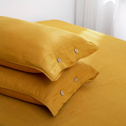100% Organic Linen Pillowcases Standard Size 20"x30" Set of 2,French Natural Linen Pillow Cases Coconut Buttons Closure Flax Pillowshams,Mustard Yellow