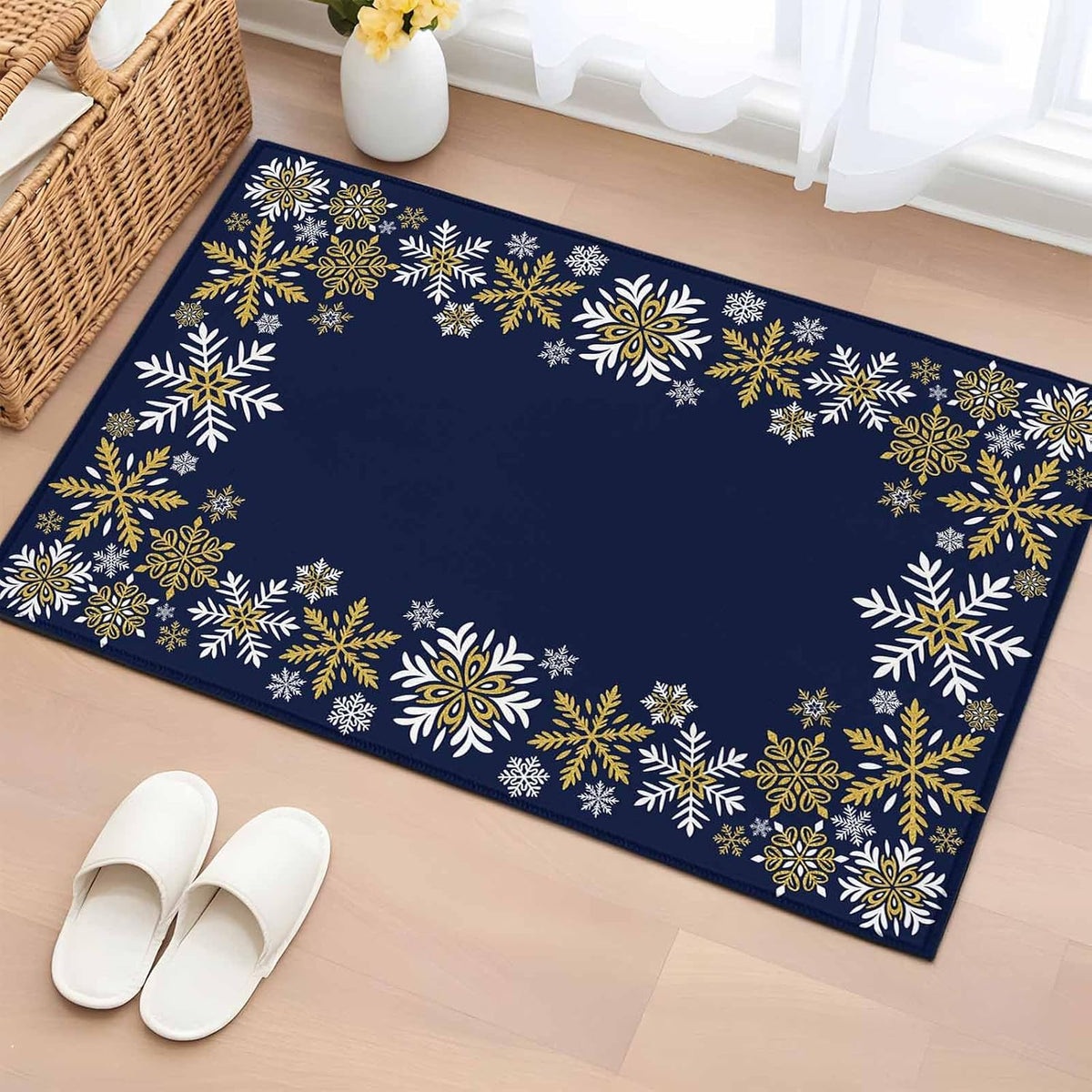 Retro Yellow Snowflake 2x3 Area Rugs for Living Room, Winter Christmas Navy Background Non Slip Floor Mat Washable Low-Profile Indoor Carpet for Bedroom, Dining Room, Bathroom